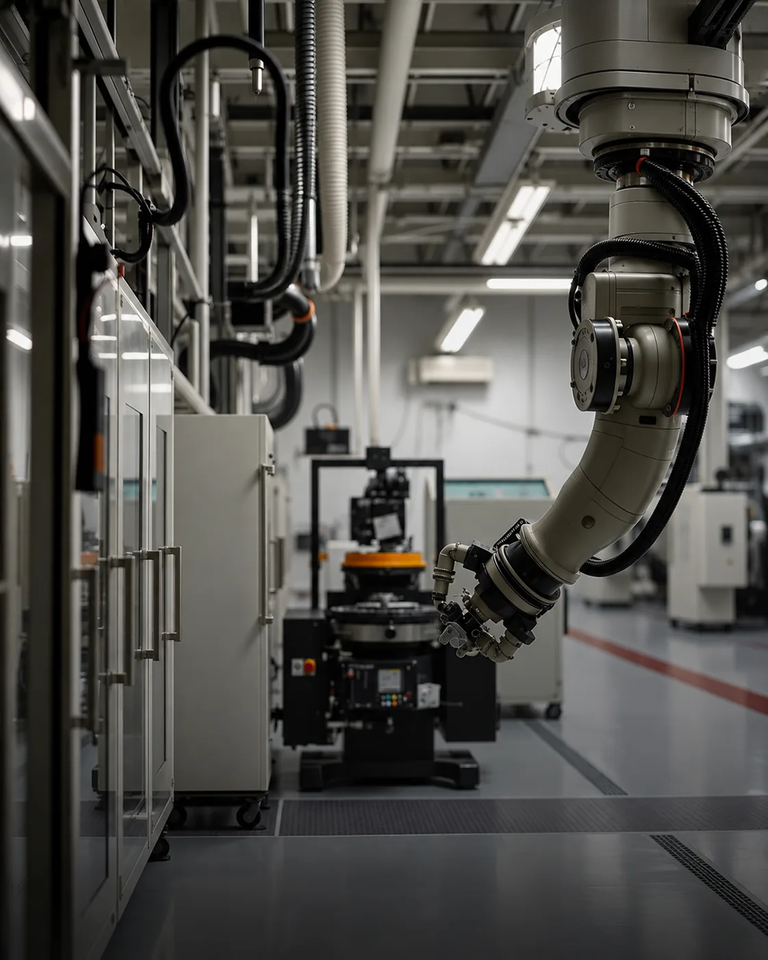 Industrial robot arm in a production hall