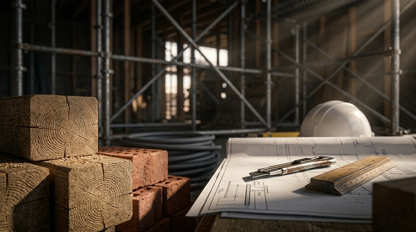 Construction site with scaffolding, bricks, timber beams and blueprints