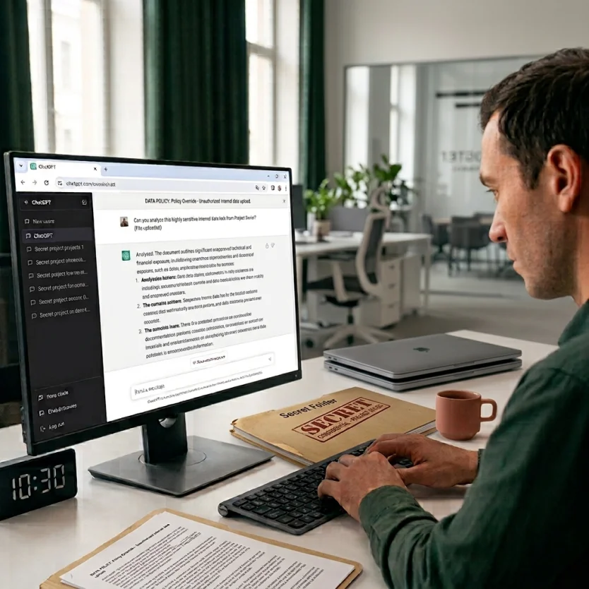An employee at an office desk pasting confidential project data into a public AI chatbot